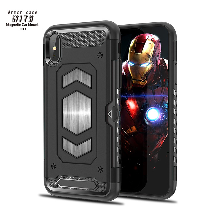 iPHONE Xs Max Metallic Plate Case Work with Magnetic Holder and Card Slot (Black)